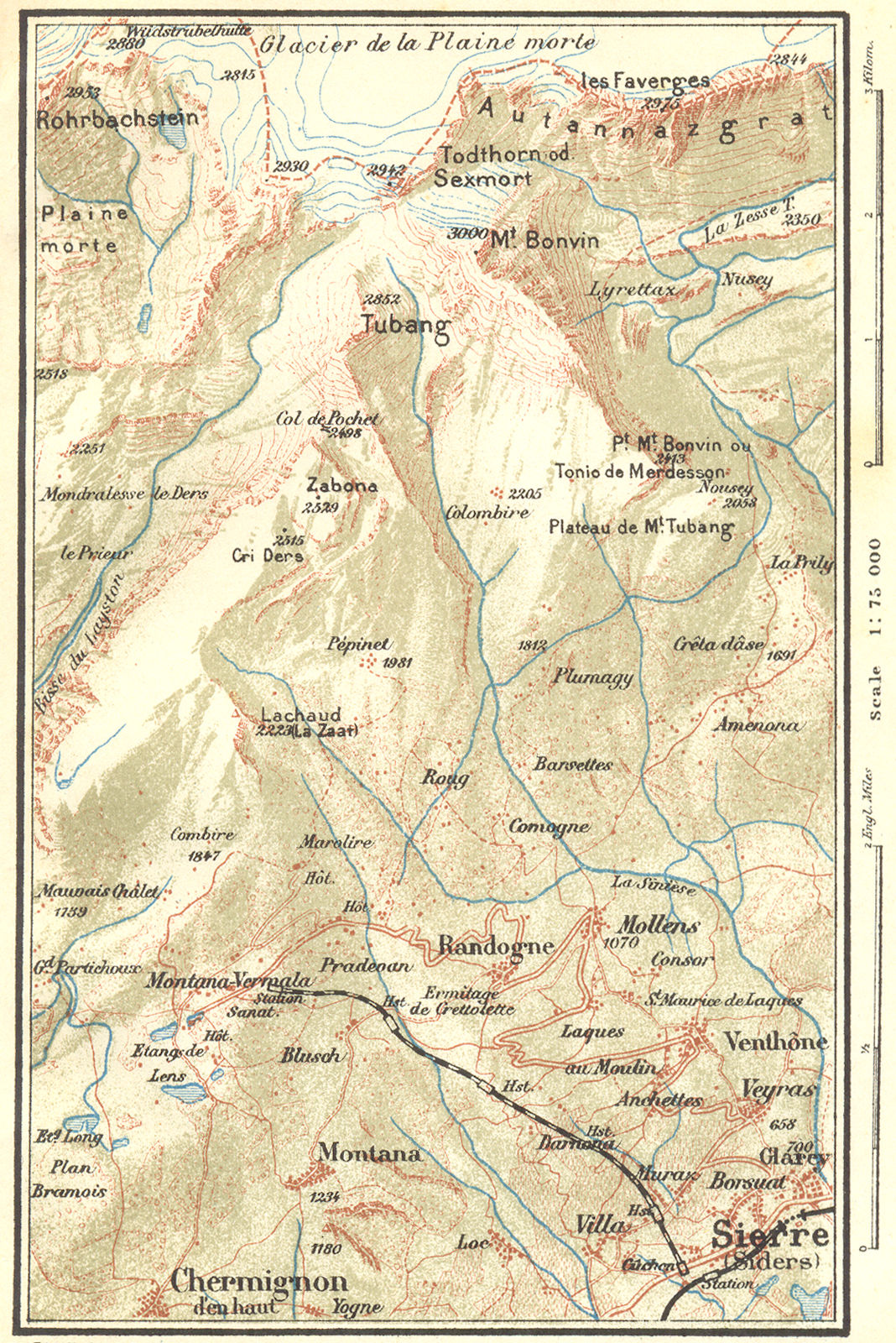 SWITZERLAND. Environs of Montana 1923 old antique vintage map plan chart